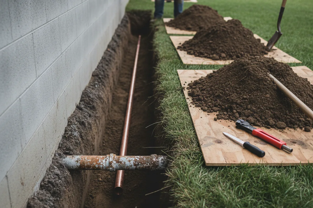 Excavated water line trench during Water Softener Installation in Newry